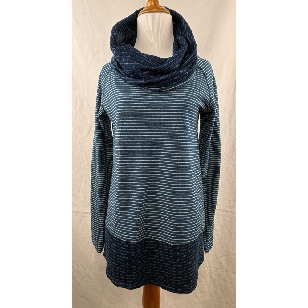 Pink Lotus Knit Tunic Top Womens Size S/M Blue Cowl Neck L/S Stripes Polka Dots
